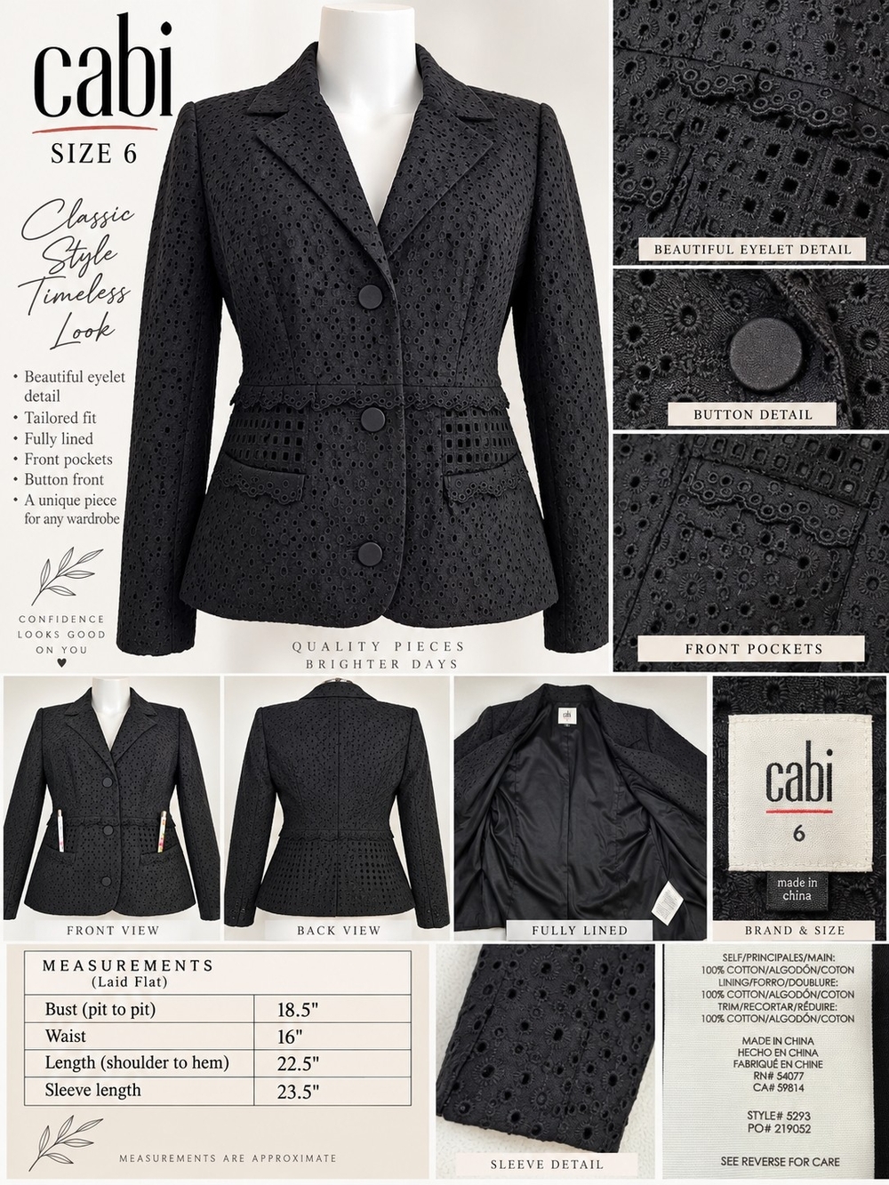 cabi Black Eyelet Tailored Jacket - Size 6